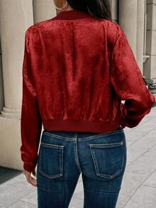 SHEIN LUNE 秋季新款金屬色拉鍊羅紋袖口棒球夾克，修身版型，優雅百搭短版開襟上衣，新年假期派對穿搭 - 酒紅色 - 查看 2