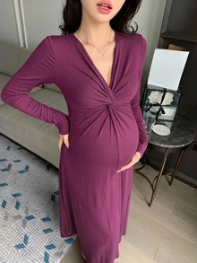 DAZY Solid Color Fitted Waist Twist Deep V Long Sleeve Elegant Vacation Spring Autumn Maternity Dress - Burgundy - View 7