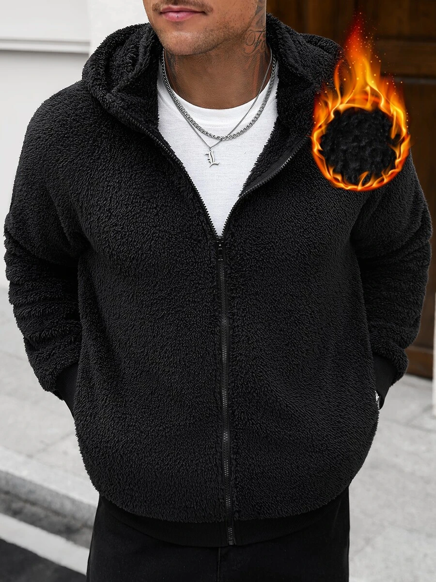 Manfinity CasualCool Ins熱銷男士珊瑚絨落肩袖開襟連帽衛衣,送給爸爸、丈夫、男友的萬聖節、聖誕節、新年禮物 - 黑色 - 查看 1