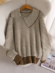 CosyJoli Women's Ribbed Asymmetrical Oversized Collar Knit Sweater, Ribbed Long Sleeve Top, Autumn/Winter - Brown - View 4