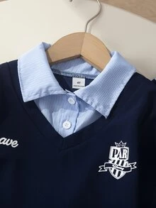 SHEIN Elladie kids Young Girls Long Sleeve T-Shirt Set, New Fall Styles, Autumn, Holiday, Back To School, Navy Blue College Style Contrasting Seal Bow Lapel Sweatshirt - Navy Blue - View 4
