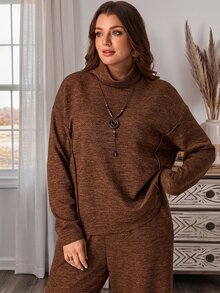 EMERY ROSE 2pcs Set Plus Size Women's Autumn/Winter Casual Country Vacation Brown T-Shirt And Pants 2 Pieces Set With Pockets,Fall, Loungewear,Modest Outfits - Brown - View 7
