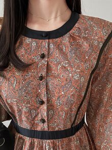 FRIFUL Women's Rust Round Neck Long Sleeve Button Half-Placket Casual Vintage Elegant Midi Dress Brunch High Tea Autumn Winter High Tea Date Night - Brown - View 5