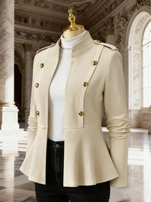 Rometta Women's Plus Size Spring/Autumn Casual Dressy Elegant Commute Office Formal Stand Collar Shoulder Epaulette Beige Button Ruffle Hem Jacket - Apricot - View 4