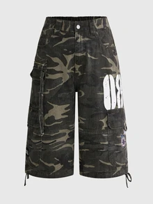 ROMWE Street Life Plus Size Vintage Camo Cargo Shorts, Multi-Pocket Washed Distressed Camo Denim Bermuda Shorts, Digital Print Patchwork Design, Y2K Street Style Loose Wide Leg - Army Green - View 1
