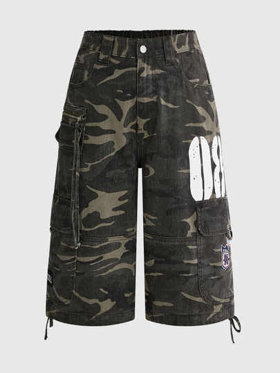 ROMWE Street Life Plus Size Vintage Camo Cargo Shorts, Multi-Pocket Washed Distressed Camo Denim Bermuda Shorts, Digital Print Patchwork Design, Y2K Street Style Loose Wide Leg