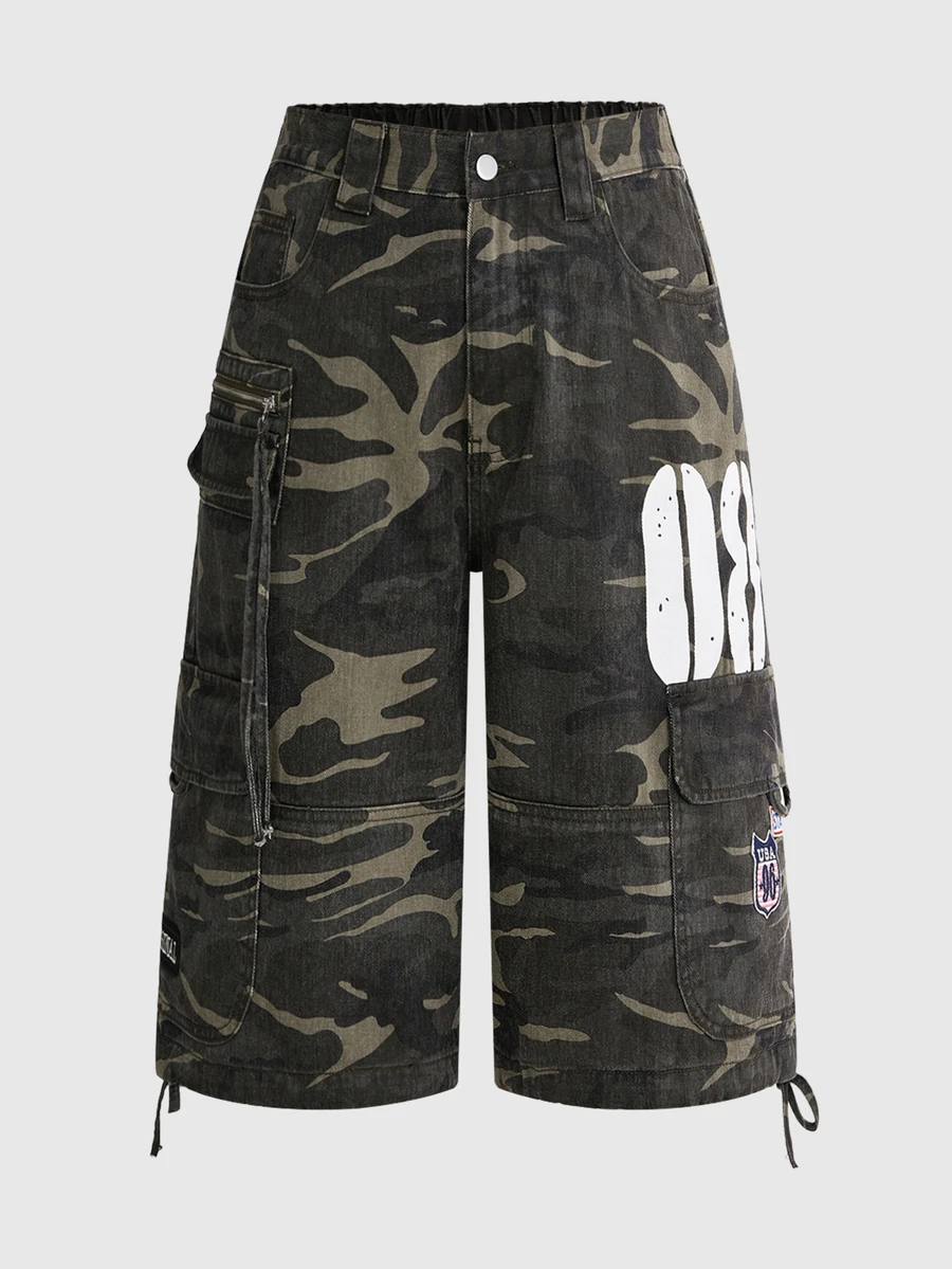 ROMWE Street Life Plus Size Vintage Camo Cargo Shorts, Multi-Pocket Washed Distressed Camo Denim Bermuda Shorts, Digital Print Patchwork Design, Y2K Street Style Loose Wide Leg - Army Green - View 1