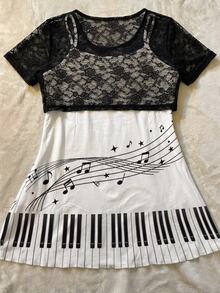 IslaSuriya Women's Fashion Musical Note Print Camisole Tank Top And Lace Cropped Top 2 Pieces Set - Multicolor - View 2