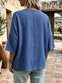 Linhara CURVE Plus Size Lady's Round-Neck Casual Resort Autumn Shirt - Blue - View 2