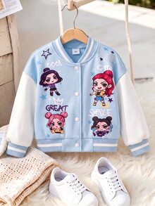SHEIN Elladie kids 女童春秋粉色與白色拼接棒球夾克，卡通女孩星星與字母印花，羅紋立領，單排扣，短版，長袖，學院風，適合上學、外出、休閒穿著 - 彩色 - 查看 3