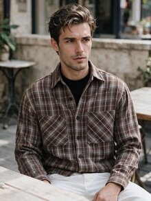 Manfinity Dauomo Men's Plaid Long Sleeve Single-Breasted Double Pocket Shirt - Brown - View 5