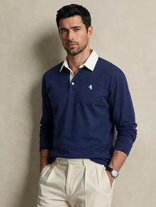 Lornavo Men's Cotton Knight Print Long Sleeve Casual Classy Vintage Commute Golf Polo Shirt Navy Blue And White Autumn - Multicolor - View 3