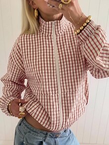 SHEIN EZwear 格紋編織女款休閒夾克 - 紅色 - 查看 6