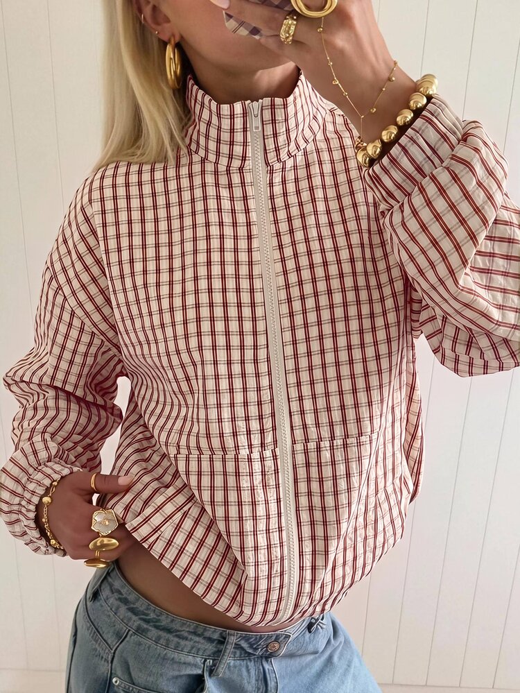 SHEIN EZwear Plaid Woven Women's Regular Jacket - Red - View 6