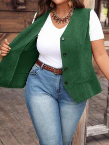 EMERY ROSE Plus Size Corduroy Vest Jacket - Dark Green - View 7