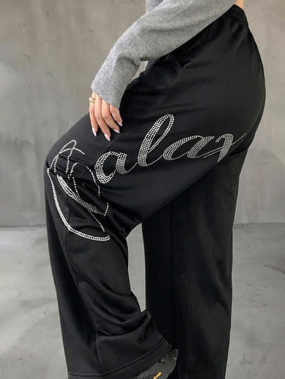 Dazy Plus Spring/Autumn New Loose Casual Versatile Korean Style Sweatpants With Back Rhinestone Letter