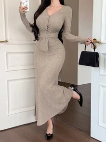 DAZY Women's Elegant Commute Long Sleeve Top And Skirt 2 Pieces Set, Autumn - Apricot - View 7