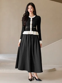 DAZY Cardigan Patchwork Blok Warna Prancis Elegan untuk Wanita, Cocok untuk Kantor di Musim Gugur, Warna Hitam dan Putih - Hitam - View 5