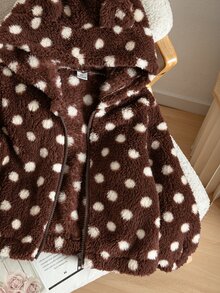 SHEIN 女童秋冬休閒咖啡色圓點抓絨拉鍊連帽開襟外套 - 棕色 - 查看 4
