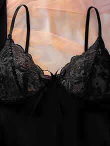 DelicateAllure 女款純色對比蕾絲睡袍與細肩帶洋裝睡衣套裝 - 黑色 - 查看 3