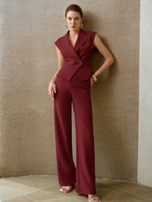 MOTF PREMIUM DOUBLE-BREASTED SLEEVELESS WAISTCOAT - Burgundy - View 9