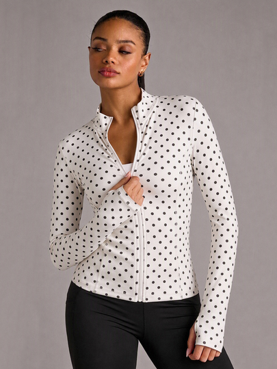 SHEIN BAE Women White Polka Dot Zip Up Cropped Athletic Jacket Long Sleeve Slim Fit Gym Workout Training Running Activewear
