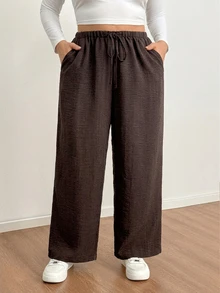 Shapeblank Plus-Size Women's Spring And Autumn Fashion Casual Loose Comfortable Everyday Basic Versatile Brown Thin Elastic Waist Wide-Leg Pants,Women Bottom - Brown - View 6