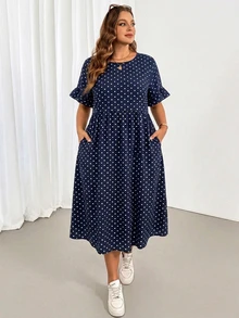 SHEIN Essnce 大尺碼女款波點百褶休閒日常夏季洋裝 - 藏蓝色 - 查看 3