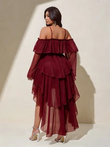 Viva Relle Plus Size Sexy Cold Shoulder Spaghetti Strap Front Short Back Long Burgundy Dress Fall - Burgundy - View 7