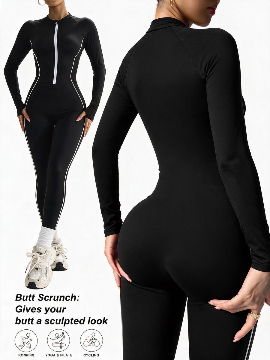 Slayform Slayform Women's Zipper Front Long Sleeve Fitted Sports Sporty Sexy Jumpsuit Gym Black And White Autumn Running Fitness Workout Outfits Autumn - Black and White - View 1