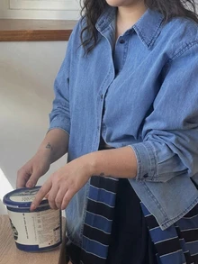 Dazy Plus Solid Color Loose Long Sleeve Denim Shirt Casual Vacation Spring Autumn Denim Top - Blue - View 5