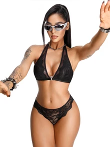 AltBold Romantic Lace Front Closure Halter Neck Lingerie Set 2pcs - Black - View 4
