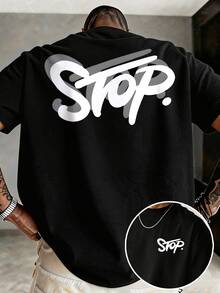 Manfinity Homme Men's Plus Size Classic Graffiti Street Text STOP Double-Sided Graphic T-Shirt - Black - View 1