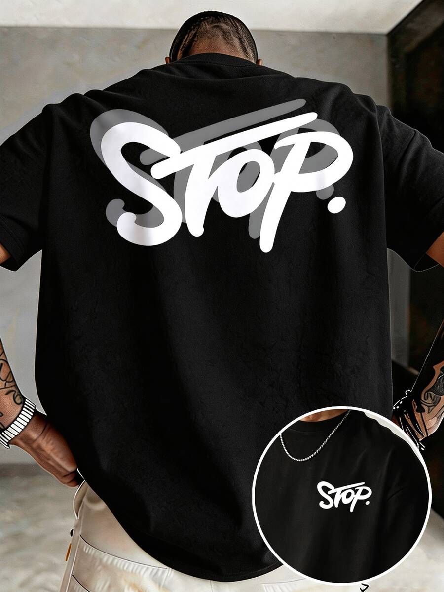 Manfinity Homme Men's Plus Size Classic Graffiti Street Text STOP Double-Sided Graphic T-Shirt - Black - View 1