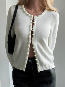 Livesso Women's Winter White Round Neck Button Cable Knit Long Sleeve Slim Fit Ribbed Cardigan - White - View 3