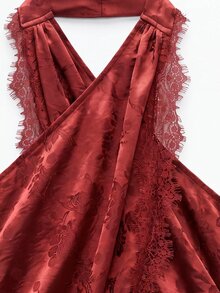 Nöista Polka Dot Halter Top With Lace Trim, Going Out Top For Women, Vacation Outfit, Party Style Aesthetic Chic - Burgundy - View 10