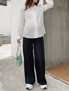 Dazy Maternity Solid Color Loose Long Sleeve Peter Pan Collar Textured Fabric Casual Everyday Versatile Spring Autumn Shirt Maternity Top Vacation - White - View 4