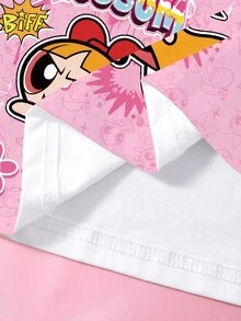 THE POWERPUFF GIRLS X SHEIN Tween Girl Letter Cartoon Print Casual Daily Short Sleeve T-Shirt - White - View 5
