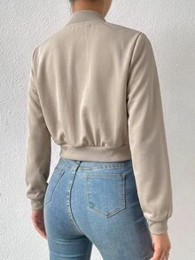 SHEIN EZwear 春季服飾 素色拉鍊短版飛行夾克 - 杏色 - 查看 2