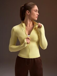 Powerista Women's Pale Yellow Slim Fit Long Sleeve Stand Collar Open Front Sports Jacket - Light Yellow - View 6