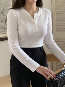 Dazy Plus Plus Size Casual Half-Button Long Sleeve White T-Shirt - White - View 3