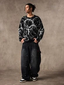 ROMWE MEN Men's Round Neck Dark Geometric Art Knit Sweater Street Style - Black - View 7
