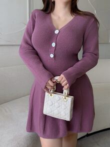 Vibekara Plus Size Women's Autumn/Winter French Style Elegant Versatile Ruffle Sexy Knit Short Dress - Red Violet - View 3