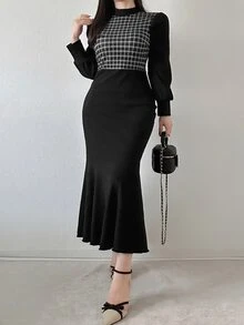 FRIFUL Women's Houndstooth Stand Collar Long Sleeve Elegant Dress - Black - View 7