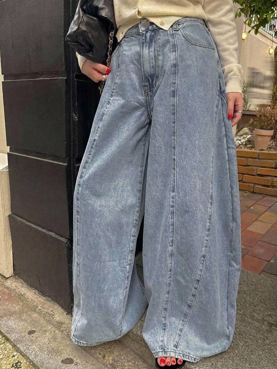 Dazy Plus Plus Size Women's Casual Versatile Everyday Denim Wide Leg Pants With Pockets - Light Wash - View 1