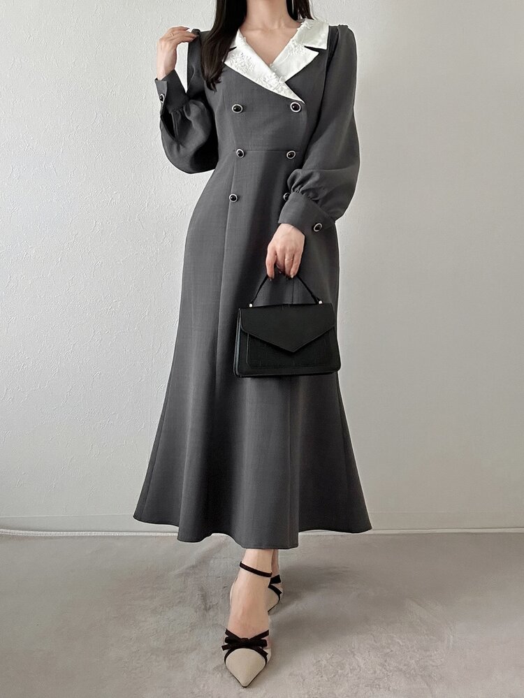 FRIFUL Women's Elegant Autumn/Winter Tea Party Office Colorblock Collar Floral Embroidery Double-Breasted Fishtail Long Dress Teachers' Day Gray Dark Grey - Grey - View 2