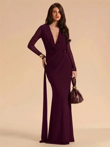 SHEIN BAE Women's Solid Color Pleated Ribbon Design Fishtail Hem Elegant Dress - Red Violet - View 7
