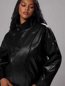 Rustia Jaket Fashion Wanita Ukuran Besar Warna Polos Kulit PU Lengan Panjang dengan Saku untuk Musim Gugur - Hitam - View 4