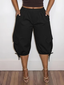 Slaydiva Plus Size Casual Versatile Ruched Tie-Up Capri Pants - Black - View 7