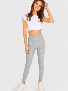 SHEIN BASICS 女款素色彈性腰休閒羅紋內搭褲 - 彩色 - 查看 7
